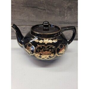 Vintage Japanese Brown Glazed Teapot Hand Painted Floral Gold Trim Made In Japan